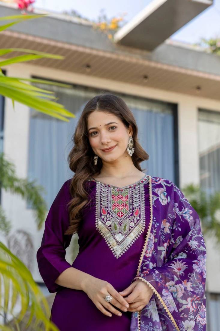 purple silk blend embroidered kurta sets