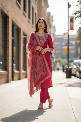 red chanderi embroidered kurta sets 2