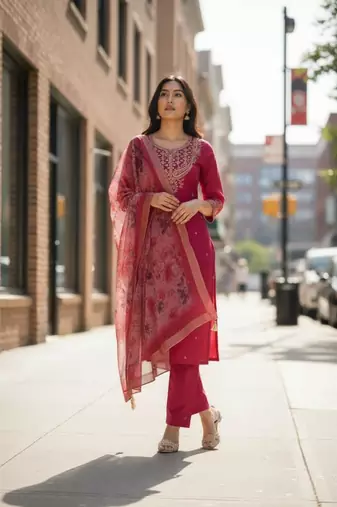 red chanderi embroidered kurta sets