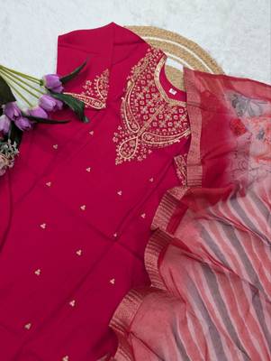 red chanderi embroidered kurta sets 3