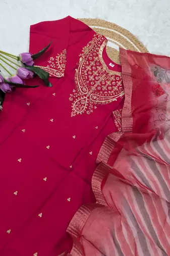 red chanderi embroidered kurta sets