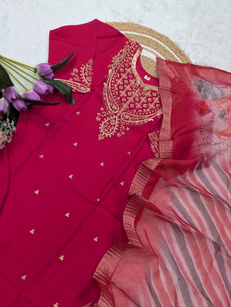 red chanderi embroidered kurta sets