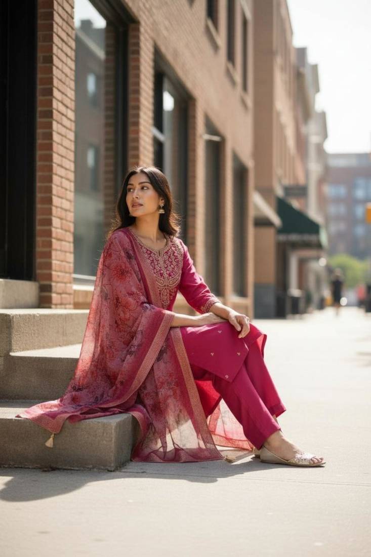 red chanderi embroidered kurta sets