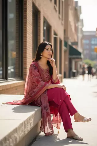 red chanderi embroidered kurta sets