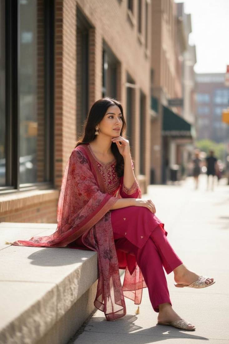 red chanderi embroidered kurta sets