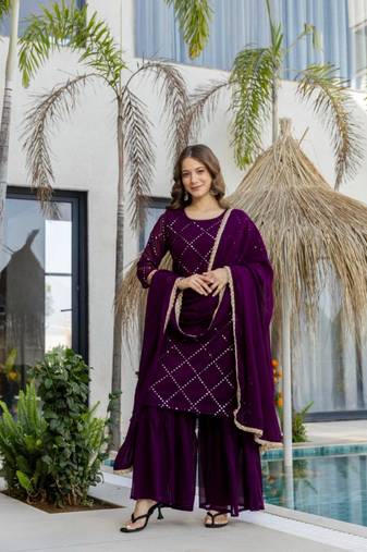 dark purple georgette embroidered kurta sets