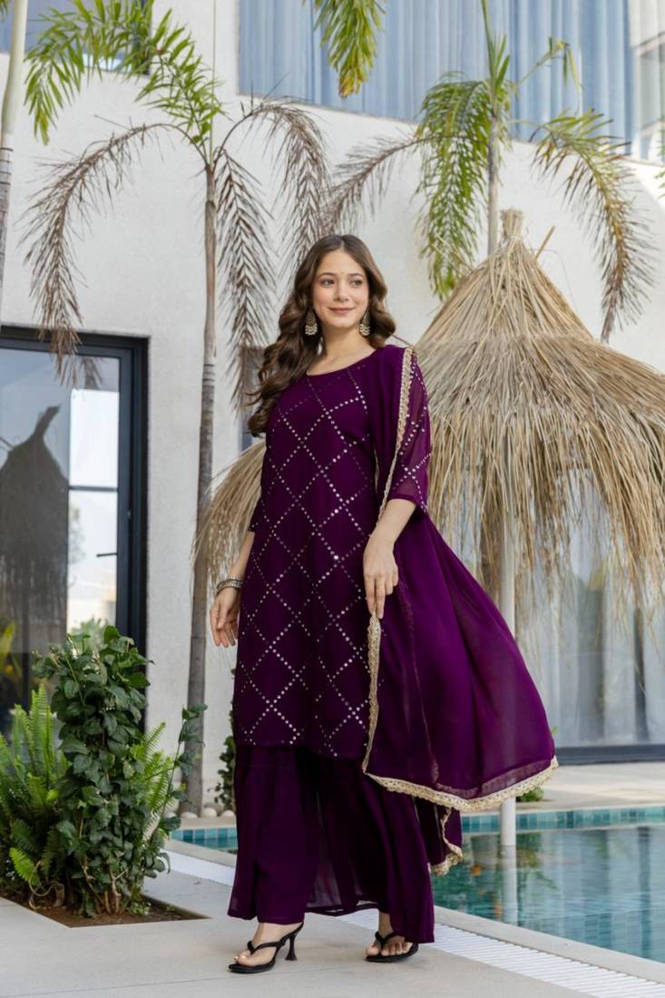 dark purple georgette embroidered kurta sets