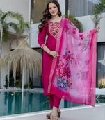hot pink chanderi embroidered kurta sets