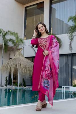 hot pink chanderi embroidered kurta sets 2