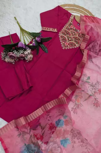 hot pink chanderi embroidered kurta sets