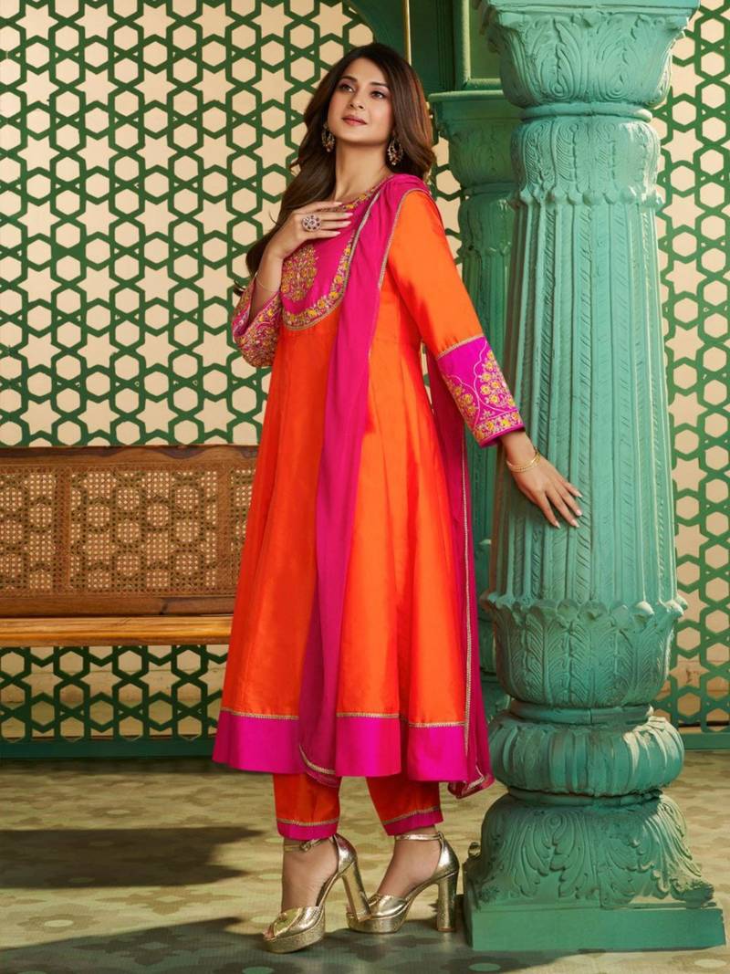 multicolor cotton silk embroidered kurta sets