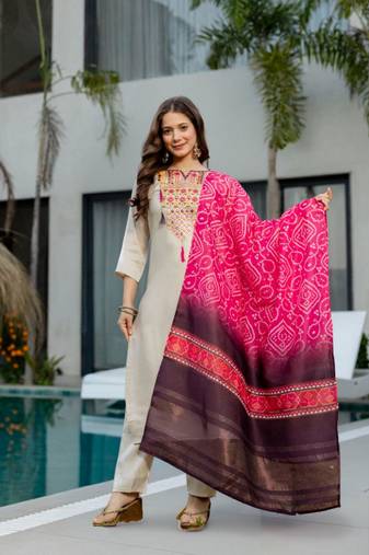 cream silk blend embroidered kurta sets