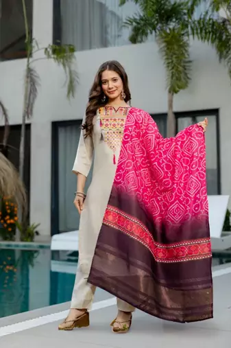 cream silk blend embroidered kurta sets