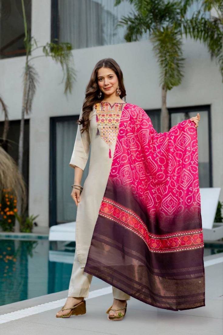 cream silk blend embroidered kurta sets