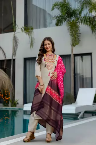 cream silk blend embroidered kurta sets