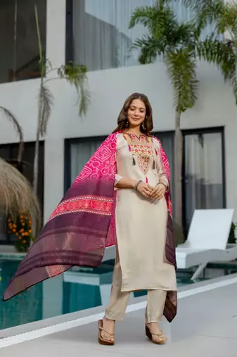 cream silk blend embroidered kurta sets