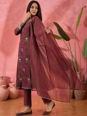 wine silk blend embroidered kurta sets 2