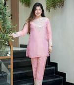 pink silk blend embroidered kurta sets
