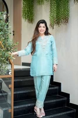 sky blue silk blend embroidered kurta sets 1