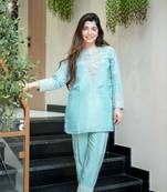 sky blue silk blend embroidered kurta sets