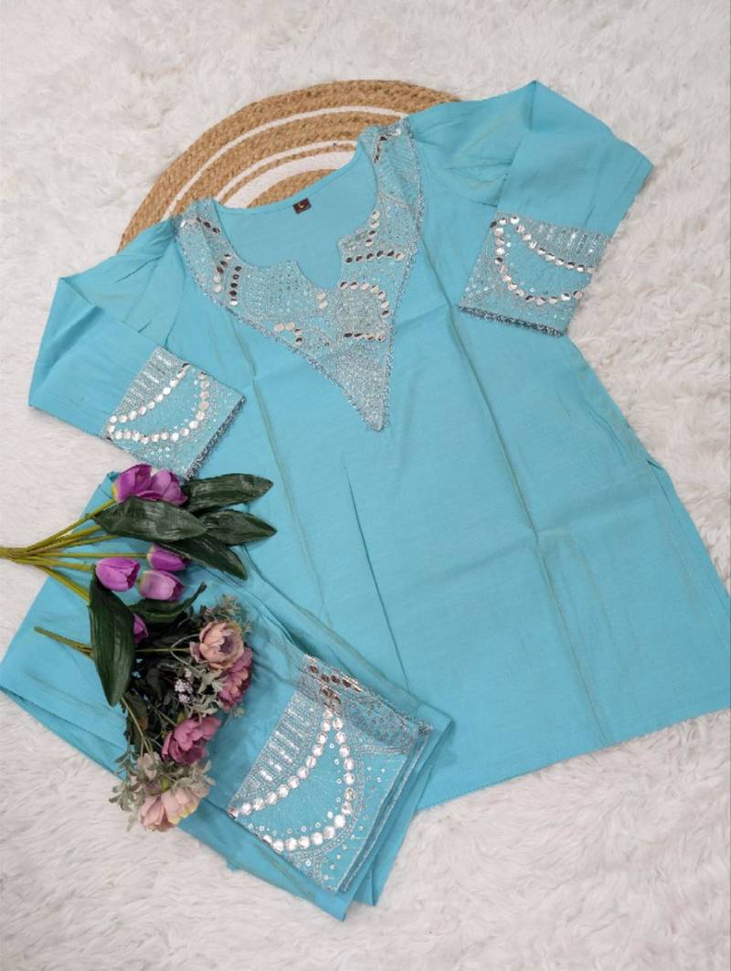 sky blue silk blend embroidered kurta sets