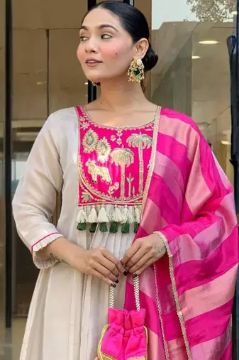 beige silk blend embroidered kurta sets
