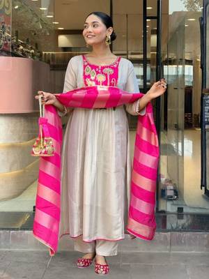beige silk blend embroidered kurta sets 1