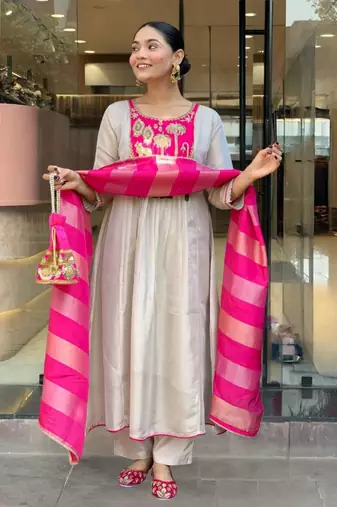 beige silk blend embroidered kurta sets