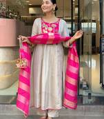 beige silk blend embroidered kurta sets