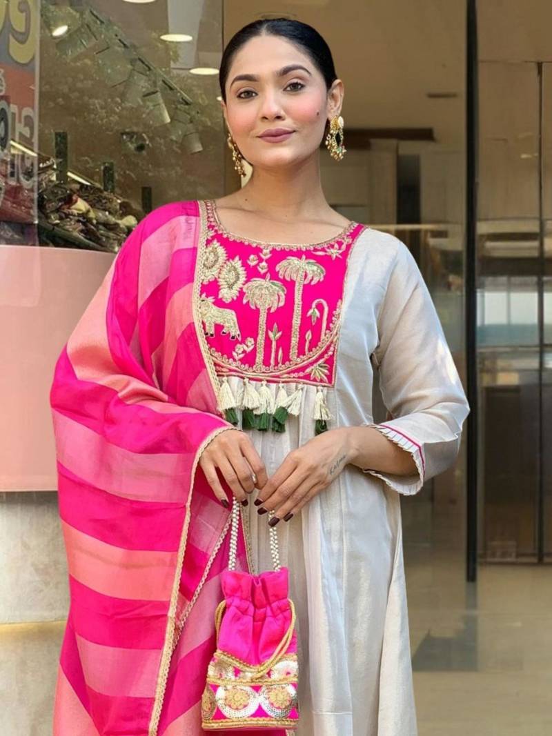 beige silk blend embroidered kurta sets