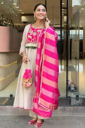 beige silk blend embroidered kurta sets