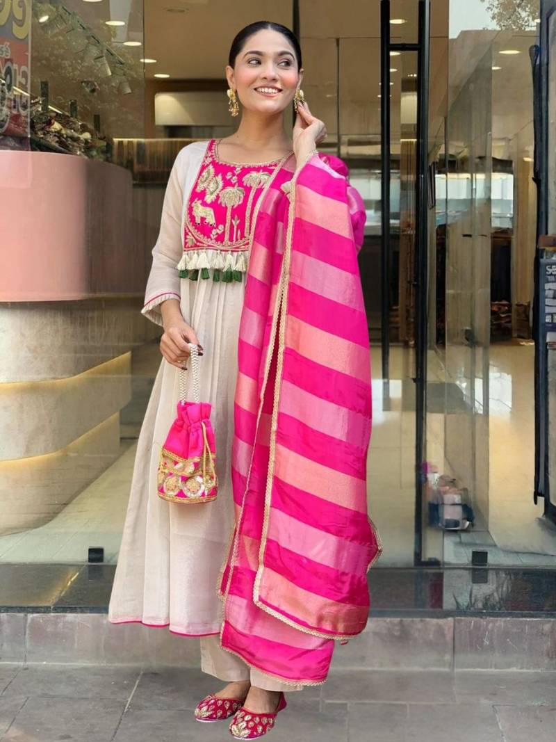 beige silk blend embroidered kurta sets