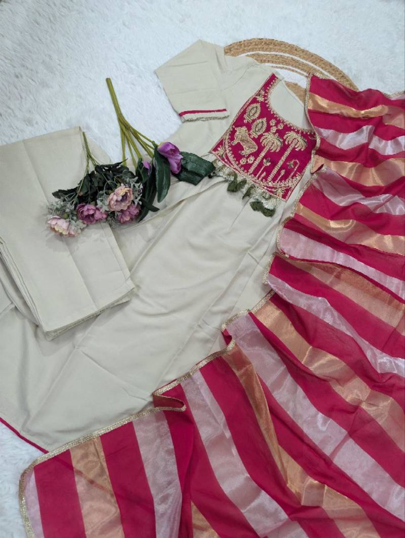 beige silk blend embroidered kurta sets