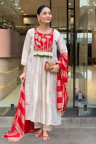 beige silk blend embroidered kurta sets