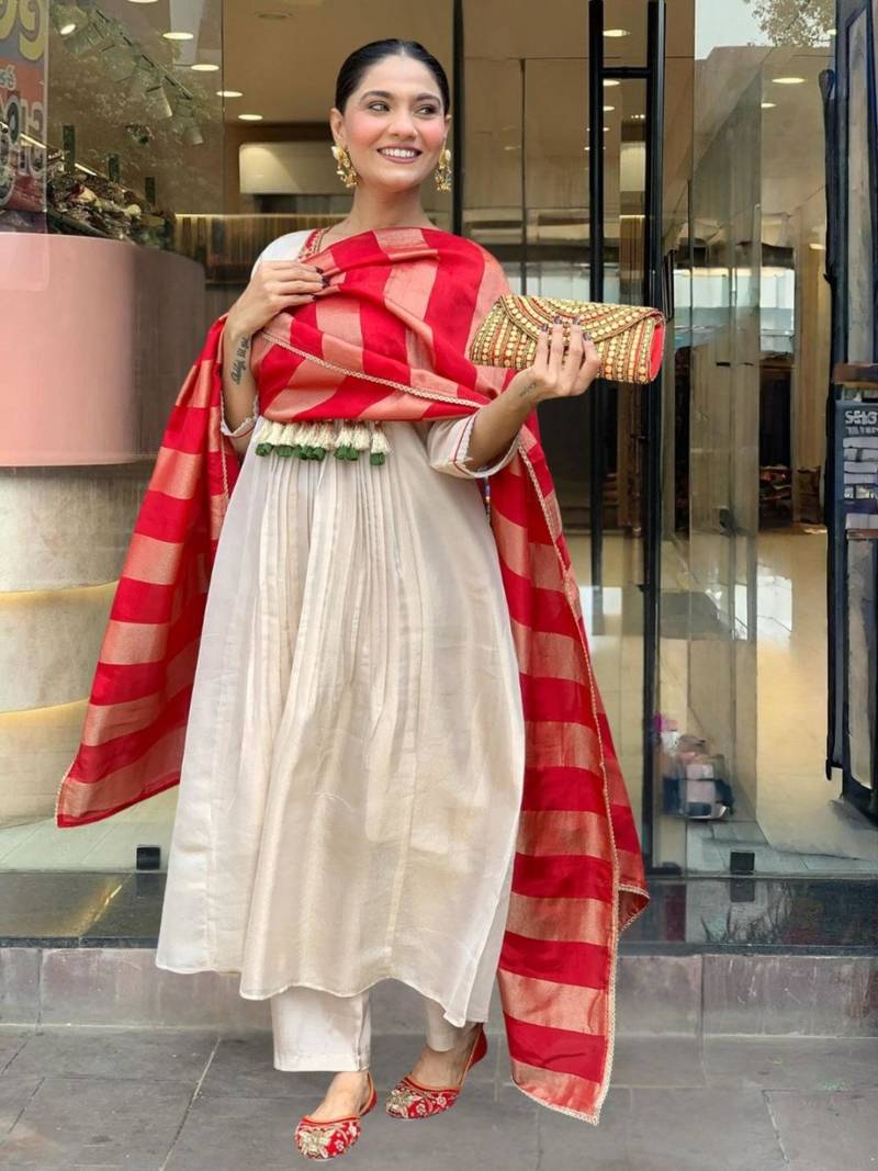 beige silk blend embroidered kurta sets