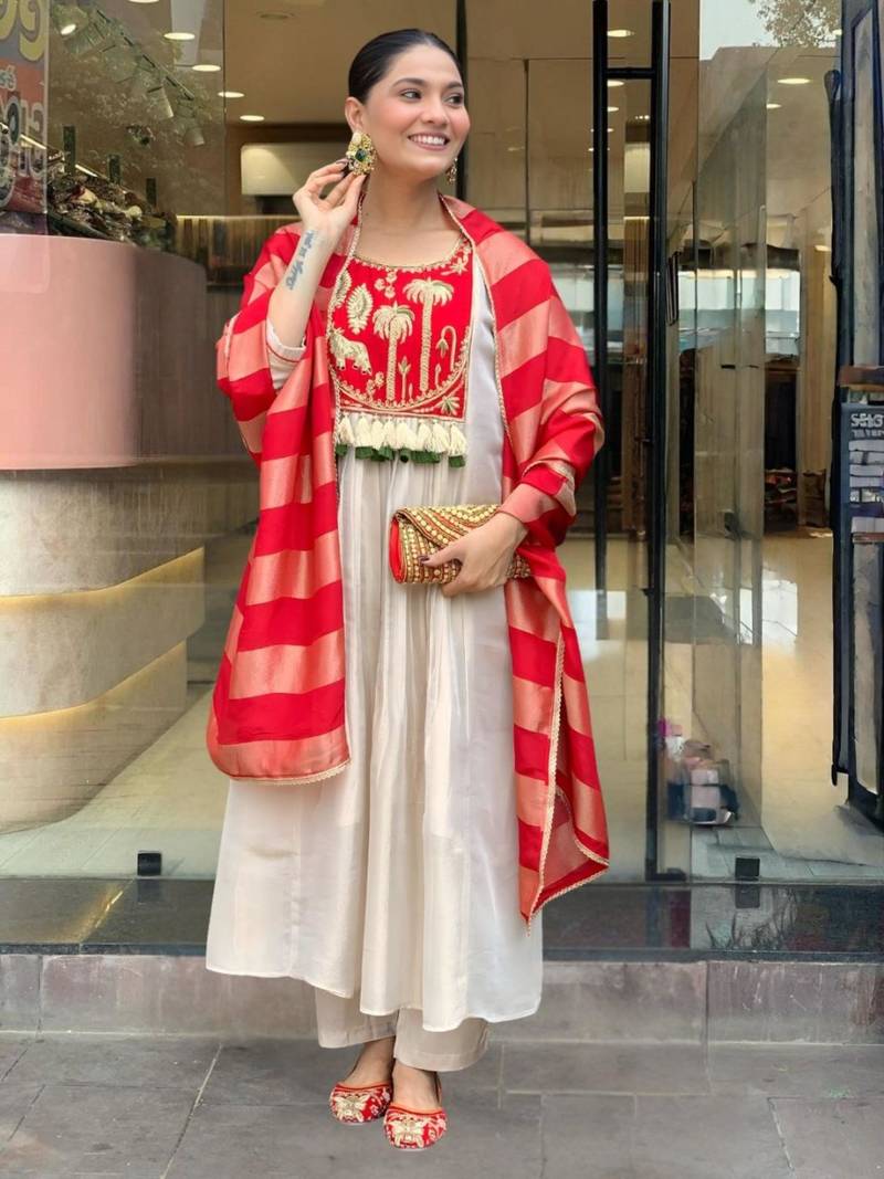 beige silk blend embroidered kurta sets