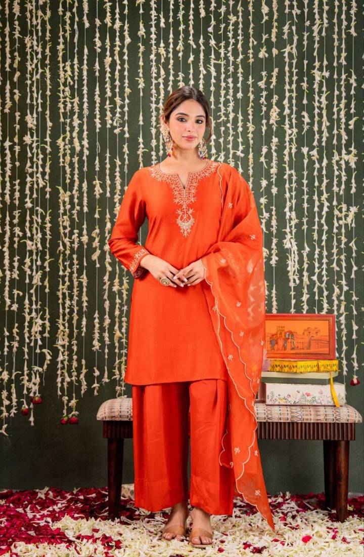 orange chanderi embroidered kurta sets