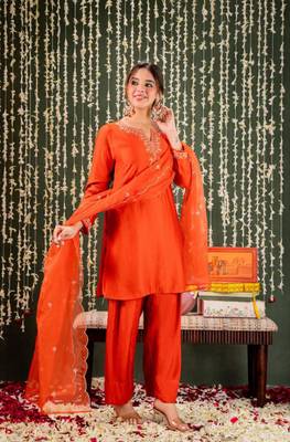 orange chanderi embroidered kurta sets 1