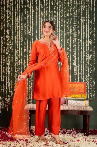 orange chanderi embroidered kurta sets