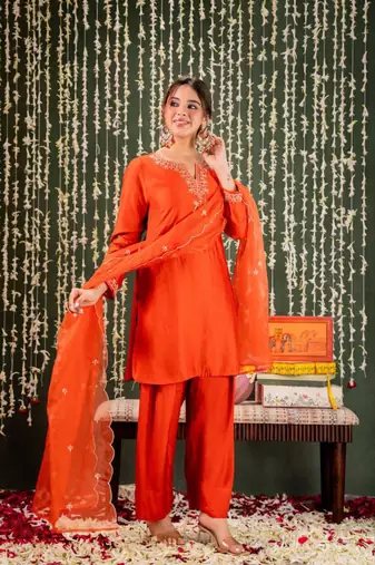 orange chanderi embroidered kurta sets