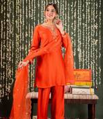 orange chanderi embroidered kurta sets