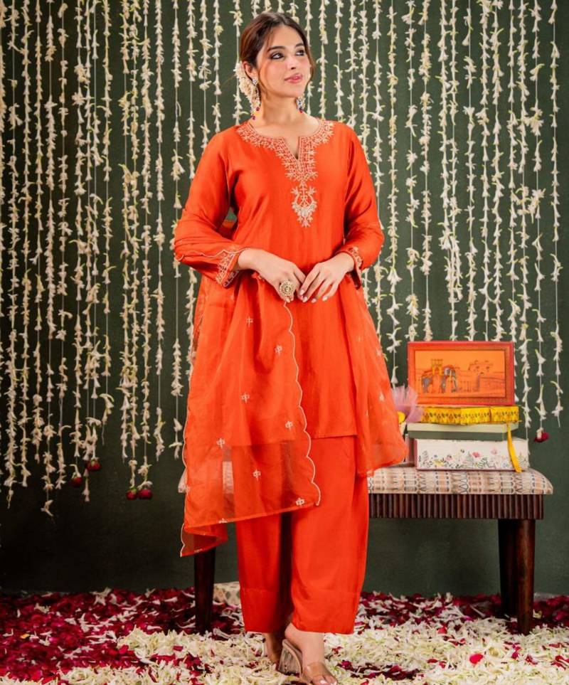 orange chanderi embroidered kurta sets