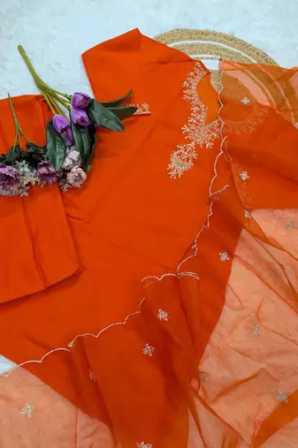 orange chanderi embroidered kurta sets