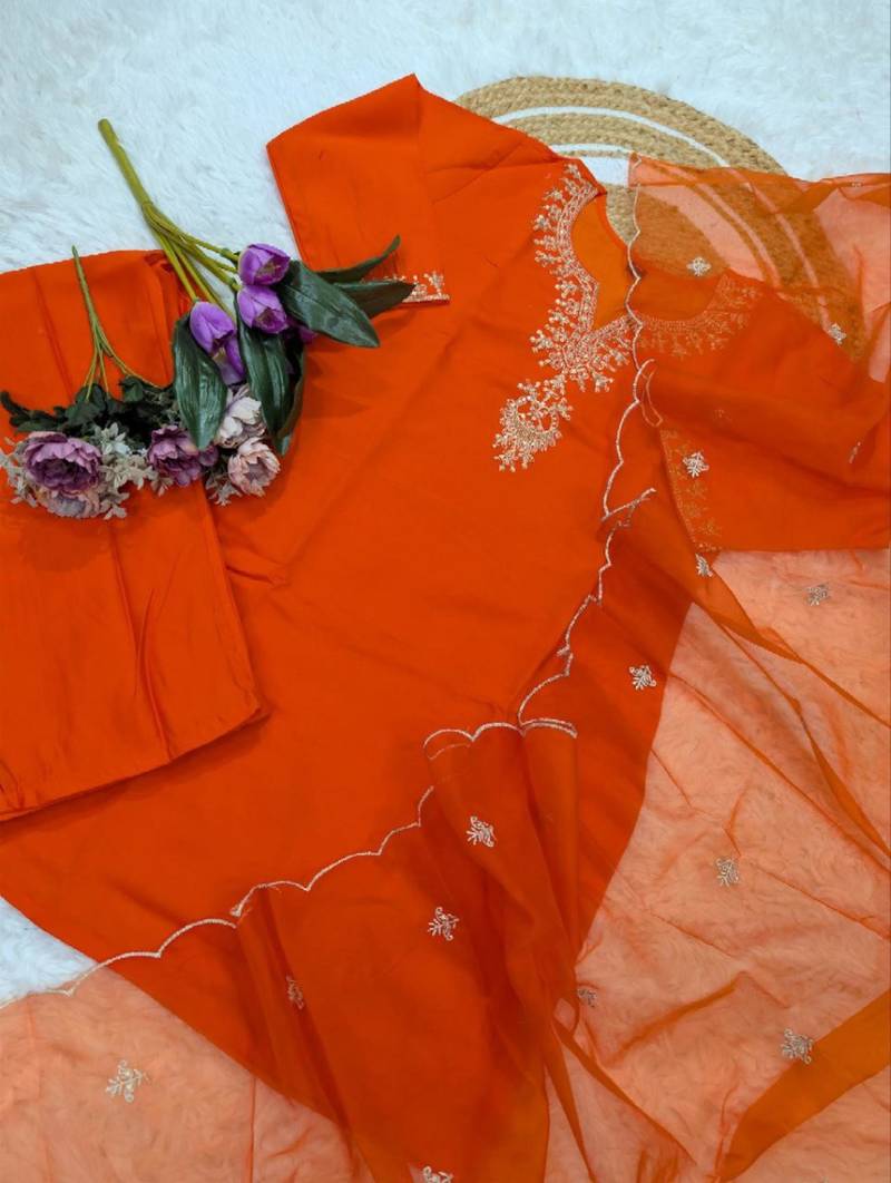 orange chanderi embroidered kurta sets