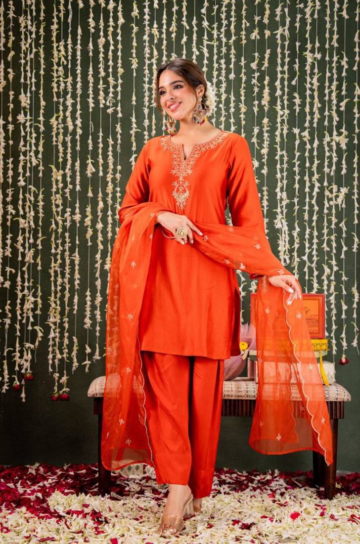 orange chanderi embroidered kurta sets