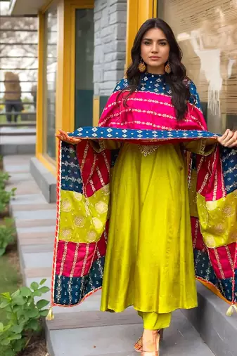 yellow silk blend embroidered kurta sets