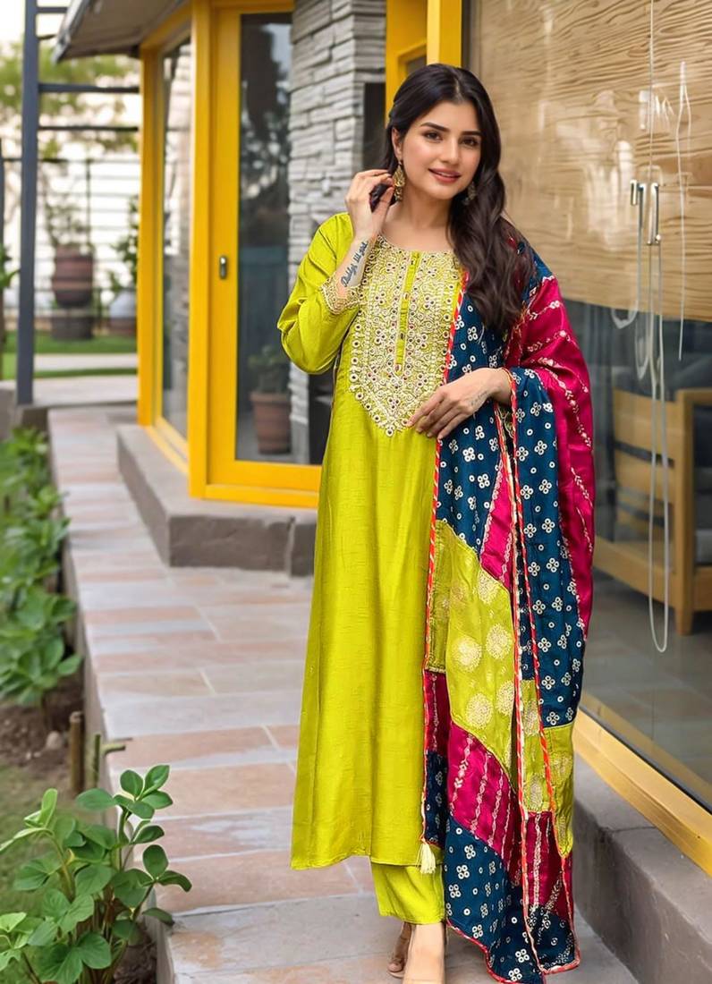 yellow silk blend embroidered kurta sets