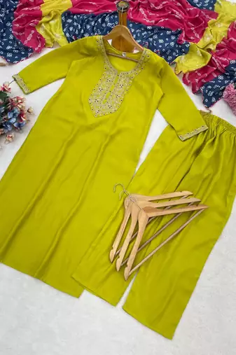 yellow silk blend embroidered kurta sets