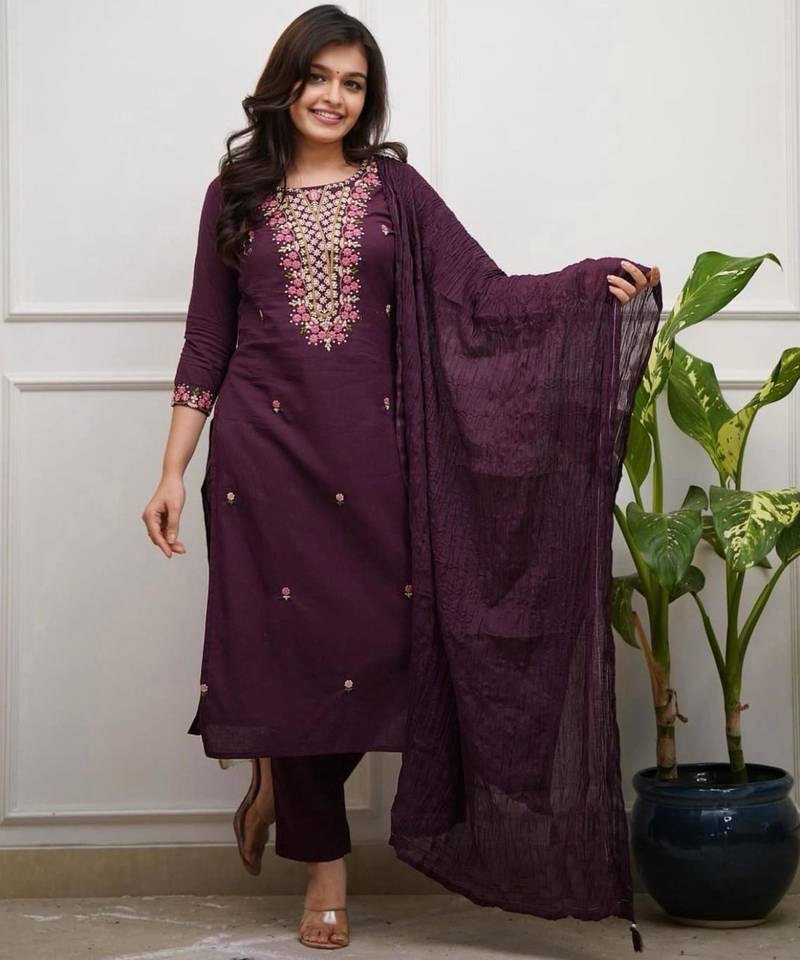 wine silk blend embroidered kurta sets