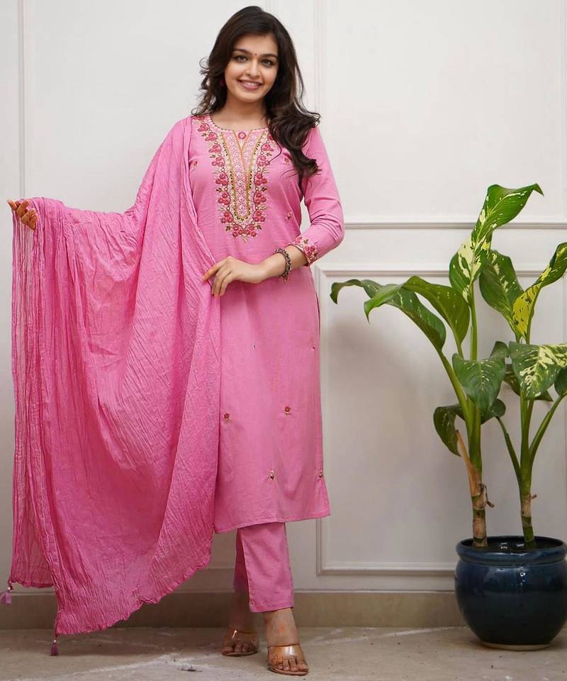 pink silk blend embroidered kurta sets